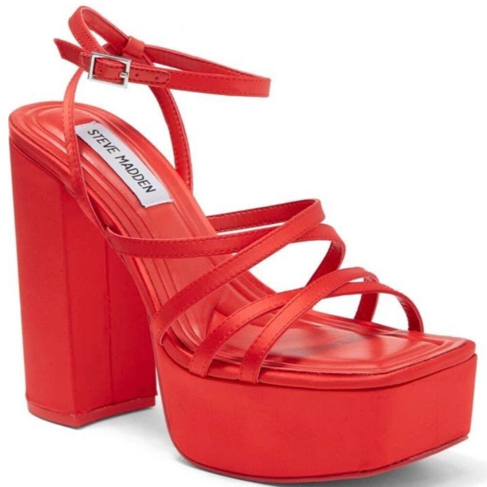 Steve Madden Gutsy Platform Pump Red Satin Block Heel Sandals Y2K Style Size 7